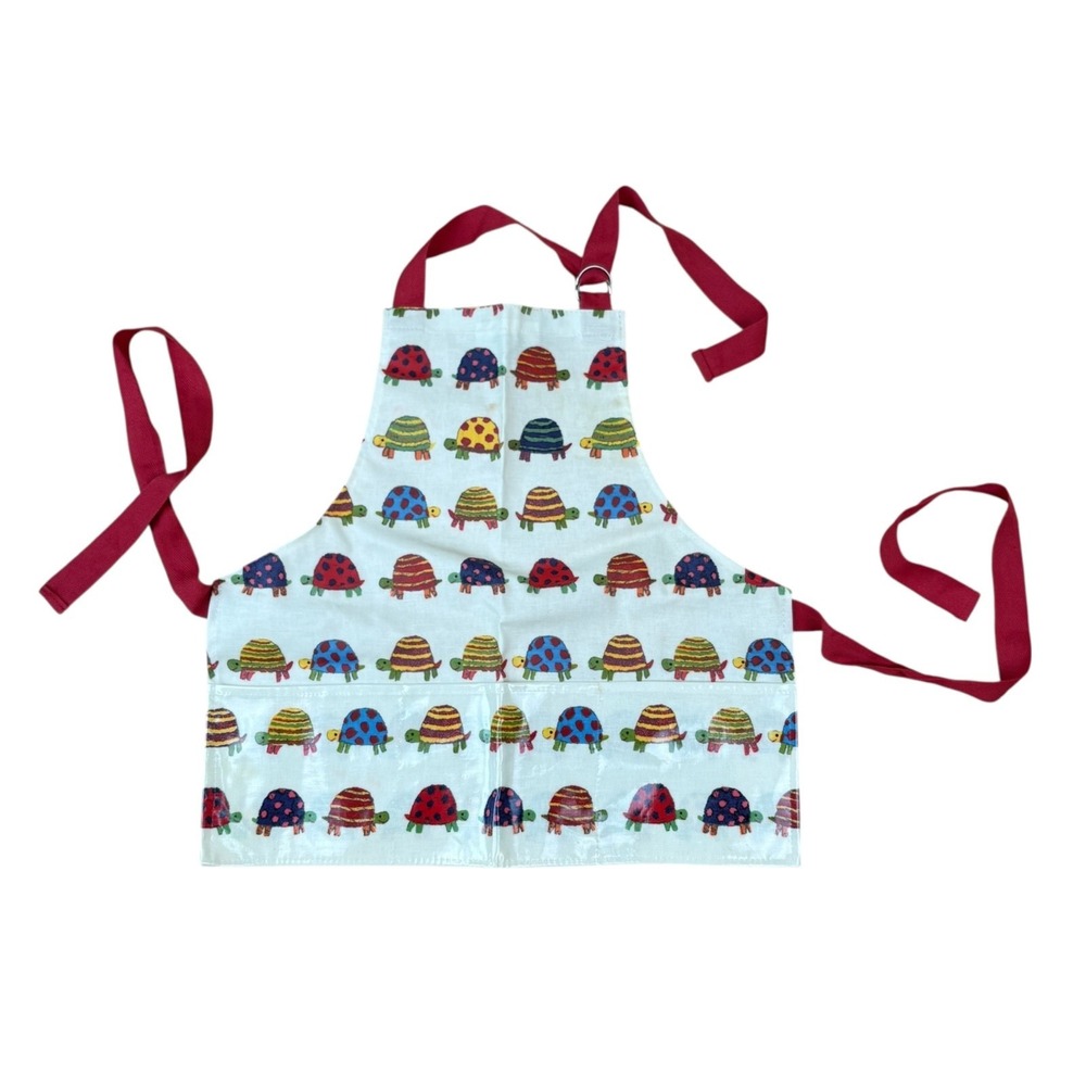 Kids Apron Waterproof Unisex Adjustable Neck Strap Turtles Pockets Cotton w/ PVC